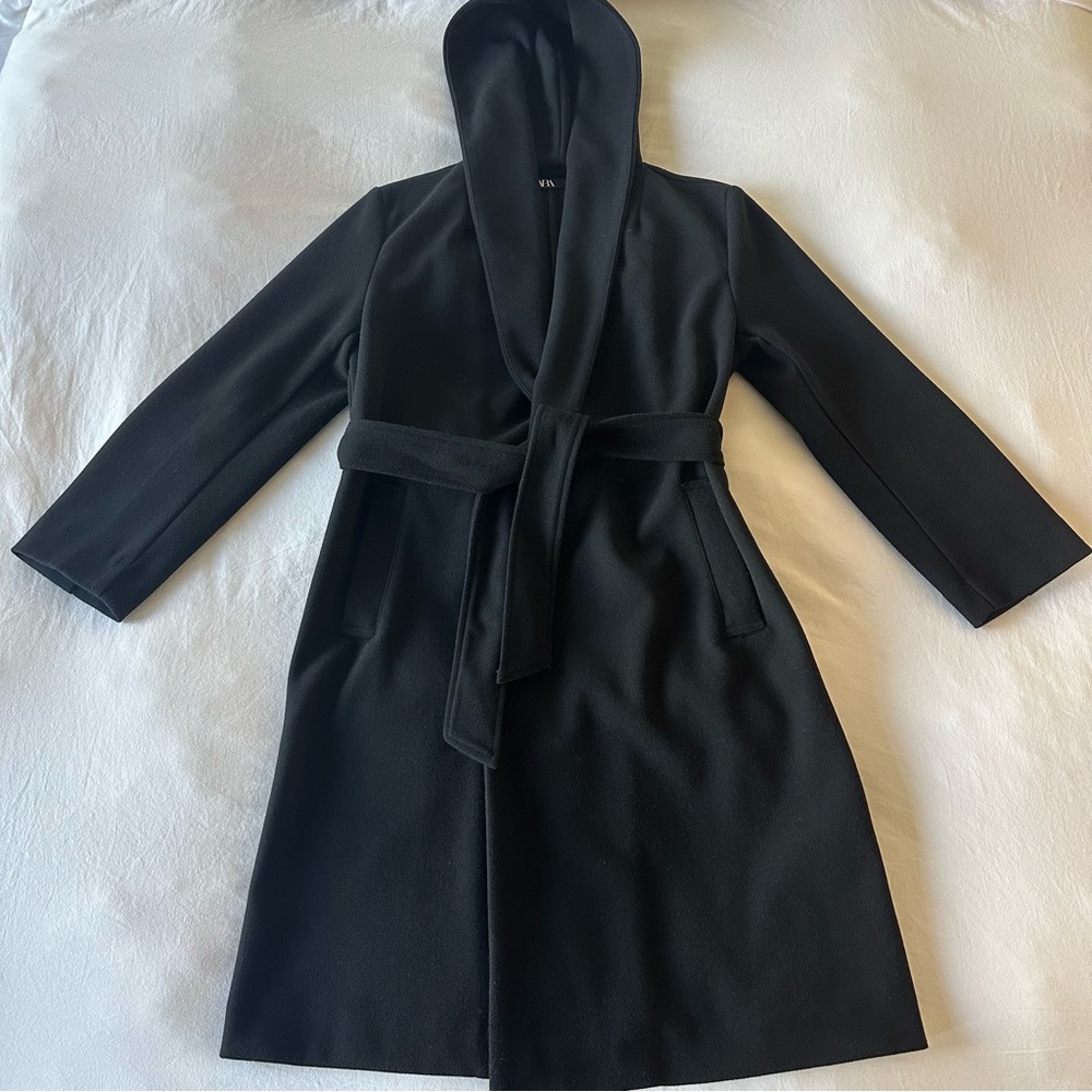 Zara Black Wrap Coat with Hood